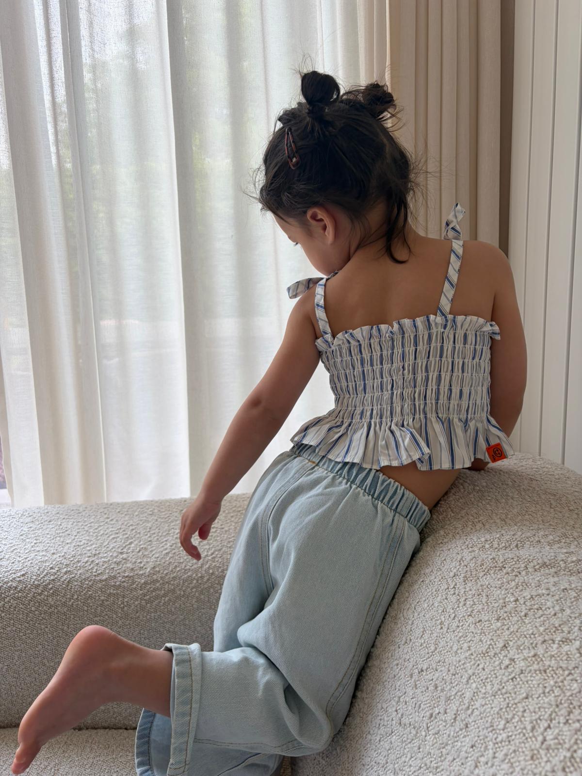 Chic striped top with ribbon details - blue